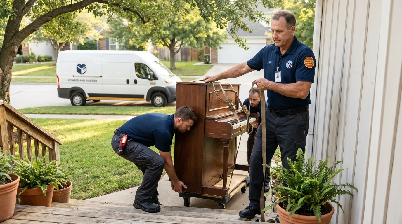 Licensed piano movers securing grand piano in Lincoln Park, MI