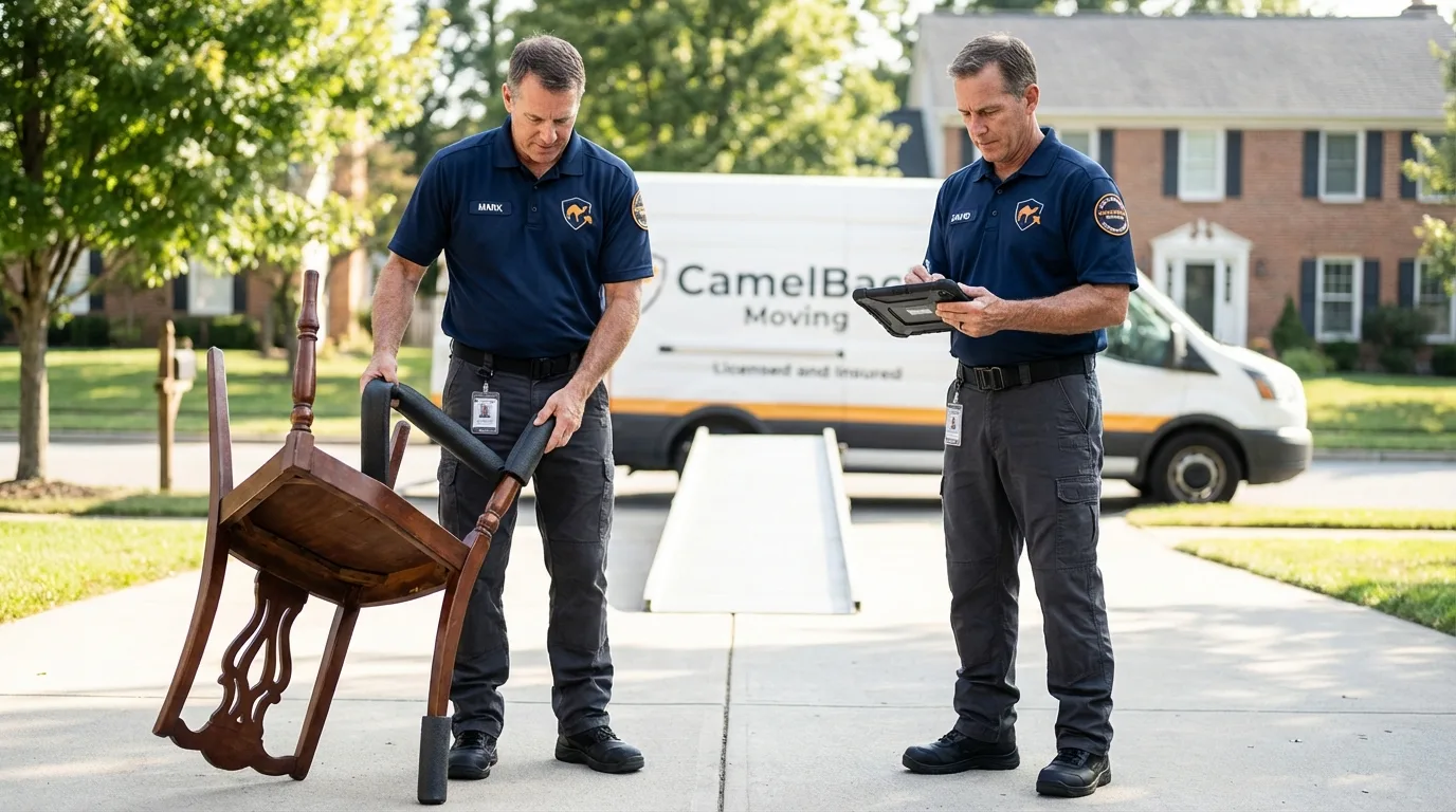 Movers inspecting furniture for damage prevention before loading in Lincoln Park, MI