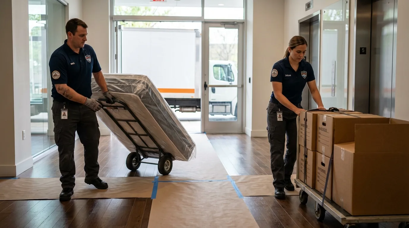 Professional apartment movers loading elevator in Lincoln Park, MI